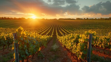 A panoramic view of a sprawling vineyard at sunset, grapevines highlighted by golden light,