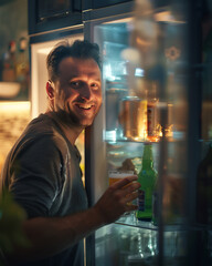 A man reaches for a beer from the fridge.