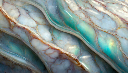 Mother of pearl surface with turquoise highlights. Light marbled effect with golden veins. 
