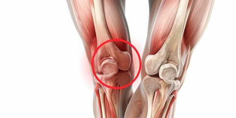 knee pain with muscles and tendons on white background