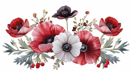   Watercolor artwork featuring vibrant red, white, and black blossoms with lush green foliage and berries adorning the bottom