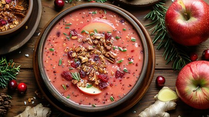   A bowl full of apples, cranberries, nuts, and cranberry sauce on a table - Powered by Adobe