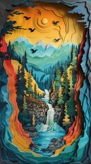 multi layered paper cut art of forest and mountains with waterfall, trees and birds