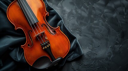 An artistic close-up of a classic violin on a dark velvet background, perfect for a music-themed...