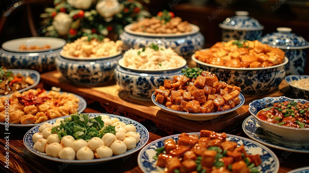 Poster a close-up of multiple dishes on a table with bowls surrounding them