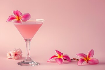 pink cocktail with pink frangipani flowers, pink pastel background