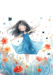 Watercolor Illustrations: Girl Floating in Blossoming Fields, kids card
