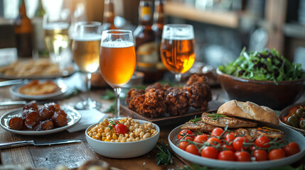Obraz premium A visually rich composition featuring a beer and food pairing workshop on International Beer Day, with chefs and brewers collaborating to create unique flavor combinations, creatin