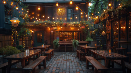 Fototapeta premium An atmospheric shot of a brewery beer garden on International Beer Day, with strings of fairy lights, communal tables, and fragrant hops vines climbing trellises, creating a visual