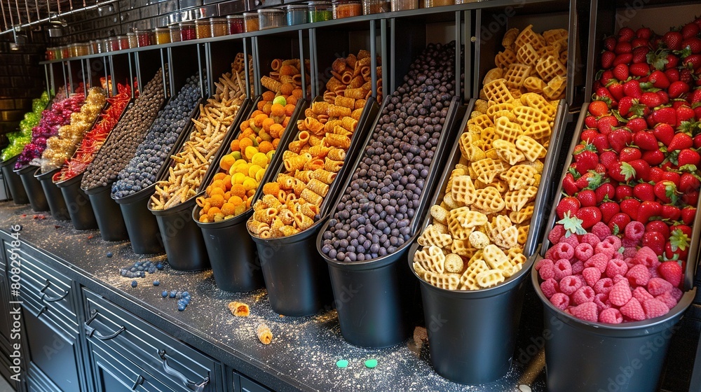 Poster a store display showcases various waffle types and foods in transparent containers