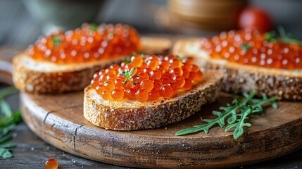   Close-up of bread with red caviar and green leaf sprig