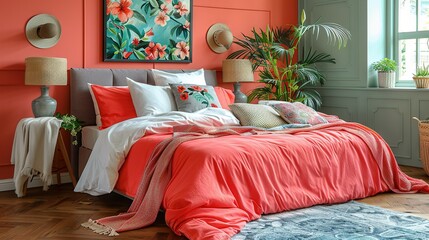   A tidy bedroom boasts a cozy bed, vibrant potted plant by the window, and a captivating painting on the wall