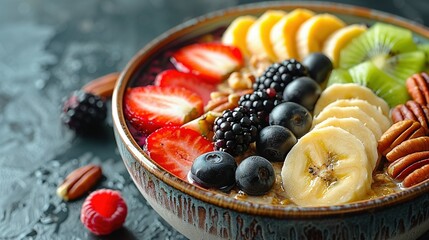   A bowl brimming with fruit and nuts lies adjacent to mounds of strawberries and kiwis