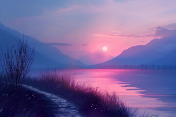 Fototapeta premium Pathway to New Beginnings: Dawn over Tranquil Landscape Symbolizing Mental Health Progress