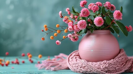   A pink vase holding pink flowers sits atop a pink blanket beside another pink vase filled with pink and orange blooms - Powered by Adobe