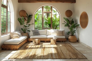 A cozy, bright living room featuring an arched window, white sofas, and vibrant green plants for a fresh, tropical feel