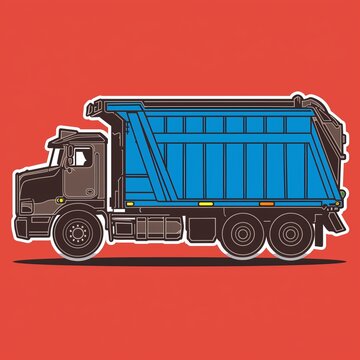 A garbage truck illustration in sticker form with true-to-life colors and a blue outline on a solid red background.
