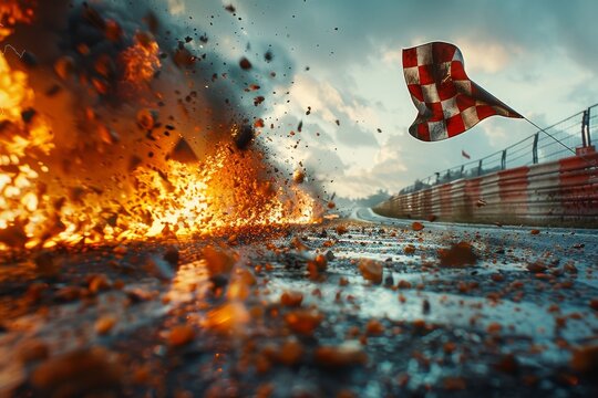 Dynamic image of a checkered racing flag bursting into flames on a race track, portraying speed and intense competition