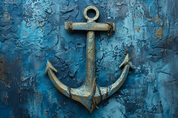 Weathered Old boat anchor on blue backdrop. Metallic rusty anchor for marine vessel stability. Generate ai