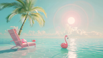 3D render, summer beach background with palm tree and sun in the sky, flamingo float in water and chair under sunshine, summer vacation concept.