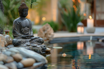 Serene Meditation Retreat in Zen Garden with Buddha Statue and Calm Water