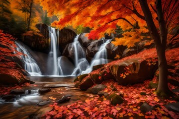 The waterfall surrounded by autumn foliage, with vibrant red, orange, and yellow leaves adorning...