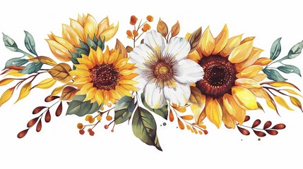   Sunflower painting on white background with leaves and berries at base