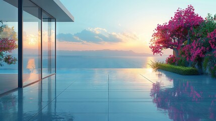   A room boasting an ocean view, tree with pink blooms in close range, and sun set behind - Powered by Adobe