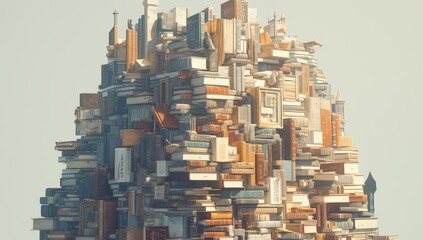 A cityscape made of books, with buildings and streets formed in the style of stacks of various sizes and colors, symbolizing the diverse knowledge in urban education. 