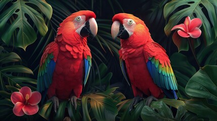  Two red parrots rest on a tropical-leaf-and-flower-adorned branch, set against a pink flower in the foreground and lush gre