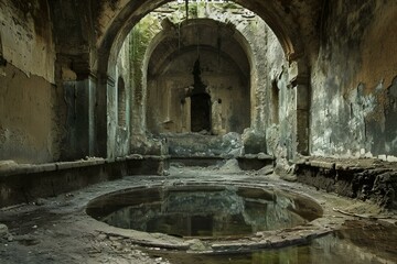 Abandoned Ancient cistern ruins. History palace water. Generate Ai