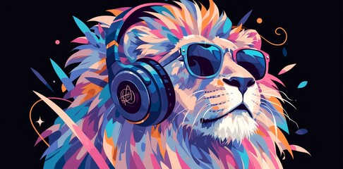 A colorful lion with headphones and sunglasses 