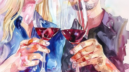   Painting of a couple holding red wine glasses while gazing into each other's eyes