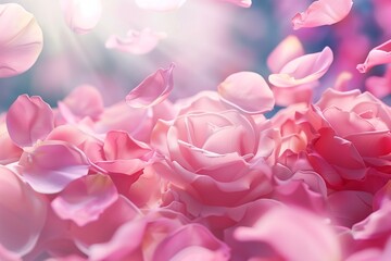 Petals of pink rose spa background. Realistic flying sakura cherry flower petals elements for romantic banner design.