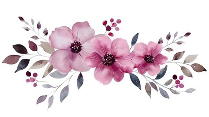   A watercolor painting of three pink flowers with leaves and berries on either side