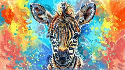   A vibrant painting of a giraffe's face with splattered paint colors