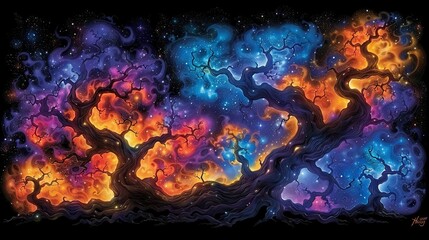   A tree, illuminated by stars, painted in a swirling palette against a midnight sky