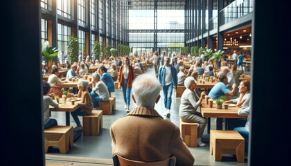 Elderly Person Observing a Vibrant, Diverse Cafeteria Scene in Modern Setting - Powered by Adobe