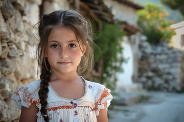 Portrait of a smiling young girl in a traditional embroidered dress standing outside a rustic village setting