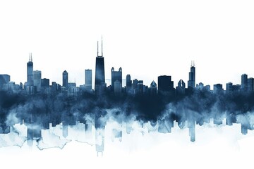 Monochrome blue watercolor abstract of Chicago skyline, modern decor, stylish marketing, and social media backgrounds. Trendy and artistic.