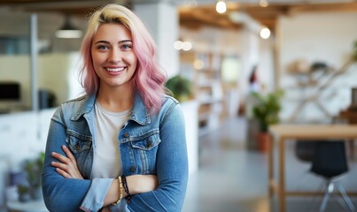 Young woman with pink hair and a denim jacket smiles warmly, exuding confidence while standing with her arms crossed in a brightly lit, contemporary office environment