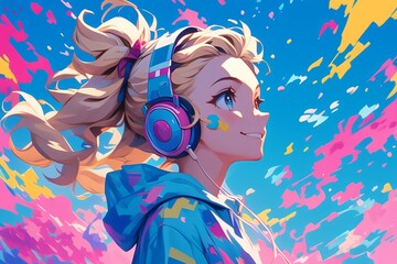 A cute girl with blonde hair in pigtails wears headphones and is seen from the side, listening to music against an abstract background in the style of anime.