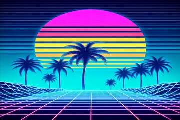Verträumt nostalgisches Achtziger Jahre Retro New Synth und Vapor Wave Neon Ästhetik Wallpaper: Sommerlicher Sonnenuntergang über Palmen in den bunten Farben Blau, Grün, Gelb, Lila