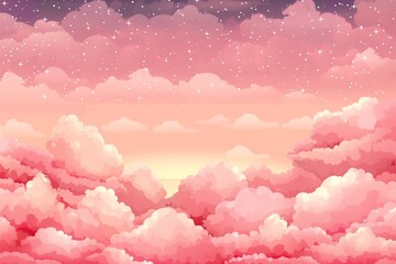 Sugar cotton pink clouds vector design background. Glamour fairytale backdrop. Plane sky view with stars and sunset. Watercolor style texture. Delicate card. Elegant decoration. Fantasy pastel color