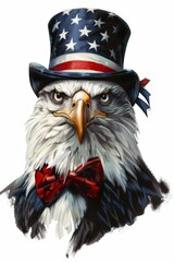 Eagle in a patriotic hat, featuring a sharp gaze; use in themes of freedom, power, and national pride