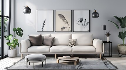 Stylish scandinavian living room interior with design sofa, furniture