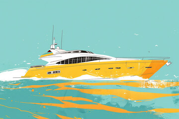 Fototapeta premium A yellow and white boat drifts on the water, under the summer sun. The scene is peaceful and serene
