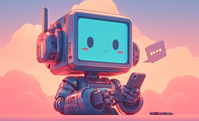 A cute robot in a suit holding a Phone, pastel background