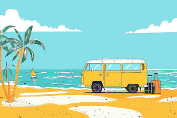 A van is parked on a sandy beach next to a tall palm tree under the bright summer sun