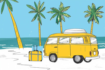 A bright yellow van parked on a sandy beach surrounded by tall palm trees under a sunny sky